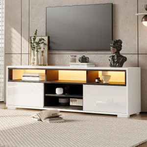 Gelakte tv-standaard voor de woonkamer – 150 x 35 x 50 cm = met 2 deuren + planken + ledverlichting – spaanplaat – wit Gelakte tv-standaard voor de woonkamer – 150 x 35 x 50 cm = met 2 deuren + planken + ledverlichting – spaanplaat – wit