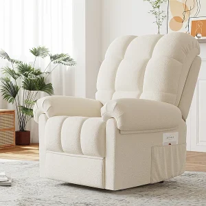 Elektrische relaxfauteuil met voetsteun, teddyfluwelen loungestoel, verstelbare vrijetijdsfauteuil, USB, antistatisch, comfort, 96x97x104cm beige