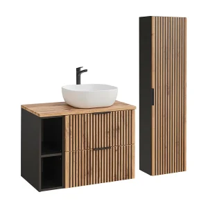 Enkele wastafel 80cm 2 nissen en zuil Gaia Wood en Zwart Enkele wastafel 80cm 2 nissen en zuil Gaia Wood en Zwart