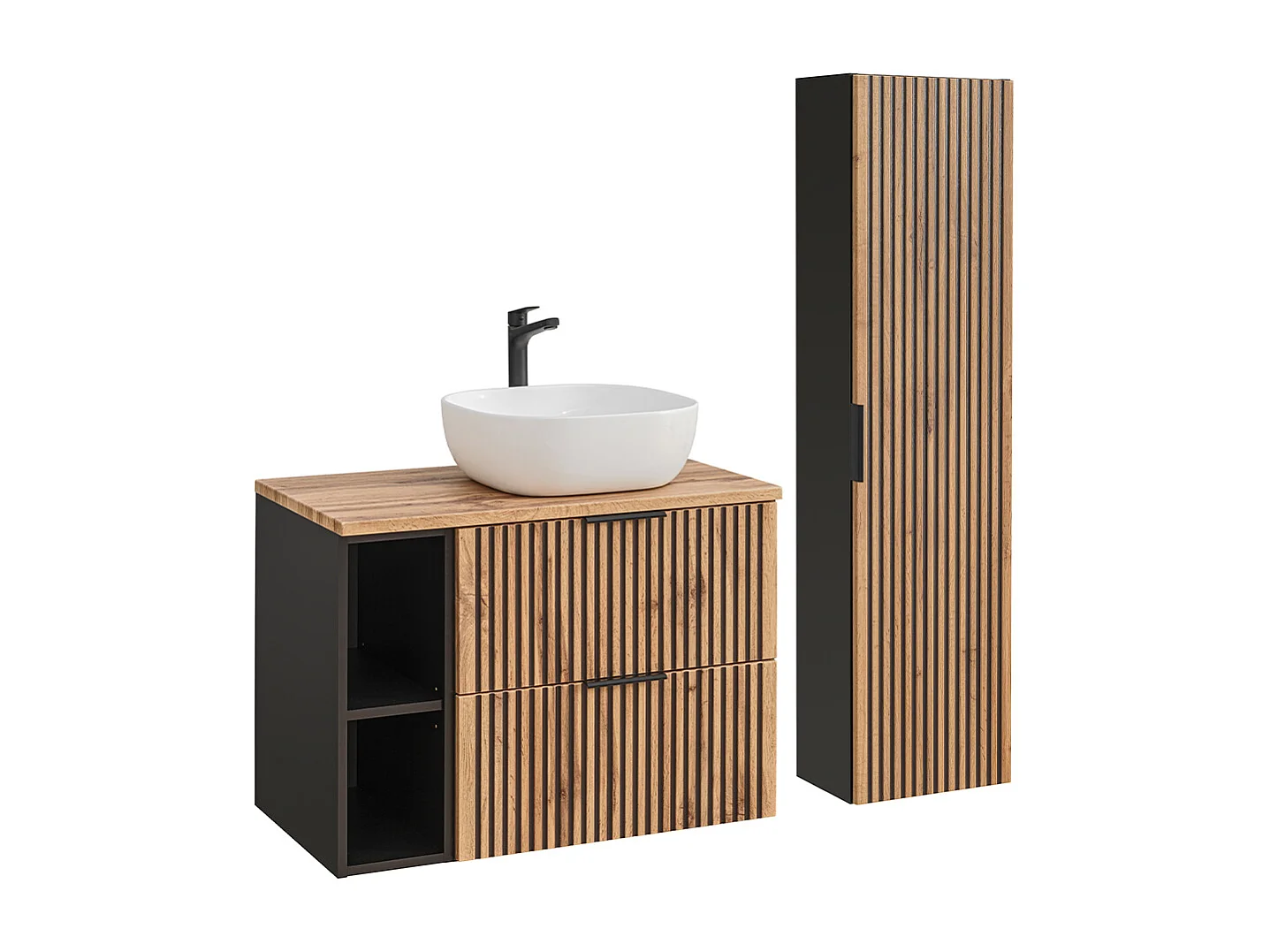 Enkele wastafel 80cm 2 nissen en zuil Gaia Wood en Zwart