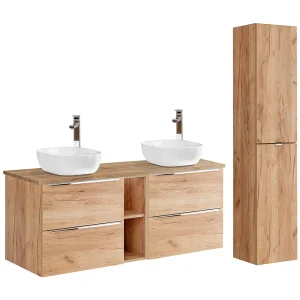 Dubbele wastafel 140cm 2 nissen en kolom April Hout Dubbele wastafel 140cm 2 nissen en kolom April Hout