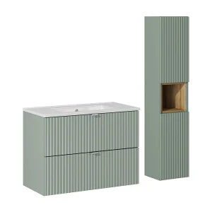 Enkele wastafel 80cm 2 lades en voet Jade Groen en Hout