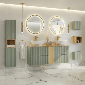 Dubbele wastafel 140cm 4 laden LED spiegels kolom en 3 bovenkasten Jade Groen en Hout