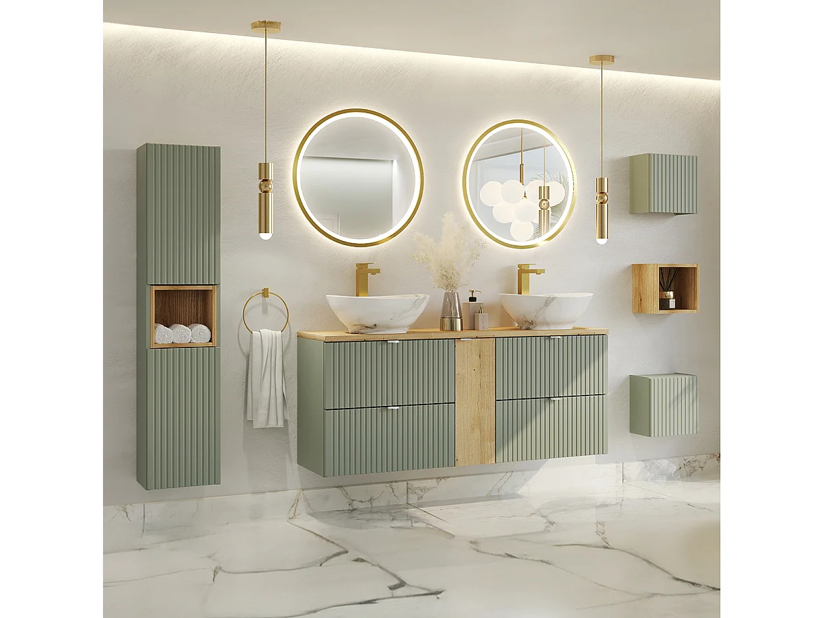 Dubbele wastafel 140cm 4 laden LED spiegels kolom en 3 bovenkasten Jade Groen en Hout