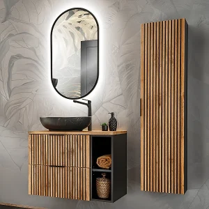 Enkele wastafel 80cm 2 nissen LED spiegel kolom Gaia Hout en Zwart Zwarte wastafel Enkele wastafel 80cm 2 nissen LED spiegel kolom Gaia Hout en Zwart Zwarte wastafel
