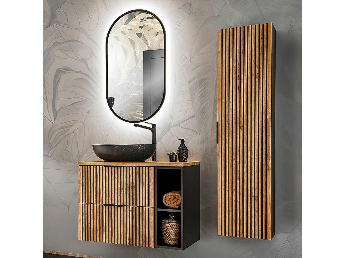 Enkele wastafel 80cm 2 nissen LED spiegel kolom Gaia Hout en Zwart Zwarte wastafel