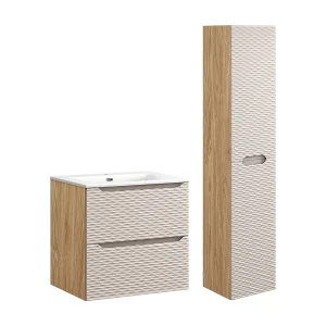 Elora enkel wastafelmeubel in beige en hout met 60cm wastafel en voetstuk Elora enkel wastafelmeubel in beige en hout met 60cm wastafel en voetstuk
