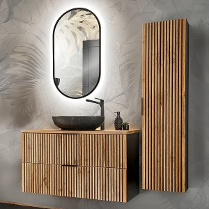 Enkele wastafel 100cm LED spiegel kolom Gaia Hout en Zwart Zwarte wastafel Enkele wastafel 100cm LED spiegel kolom Gaia Hout en Zwart Zwarte wastafel
