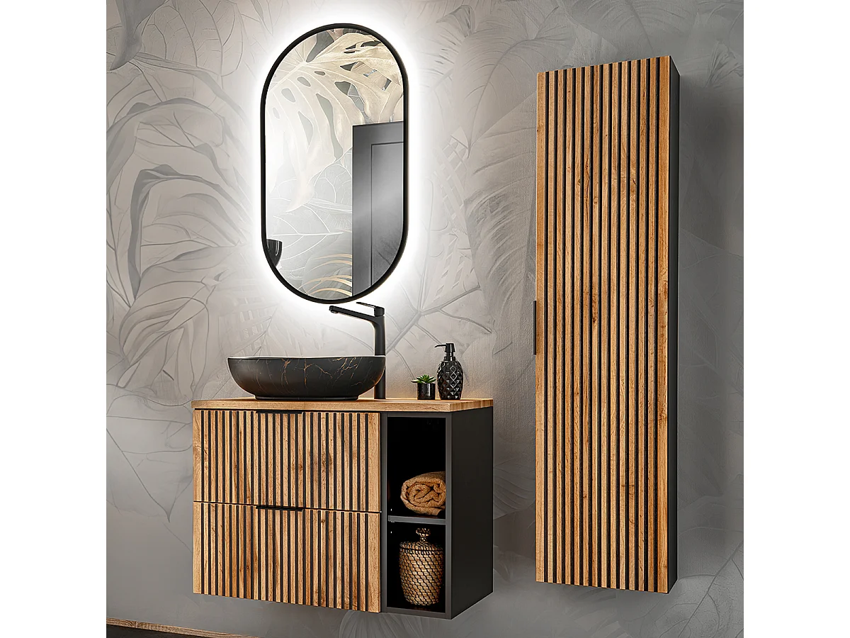 Enkele wastafel 80cm 2 nissen en kolom Gaia Wood en Zwart - Zwarte wastafel