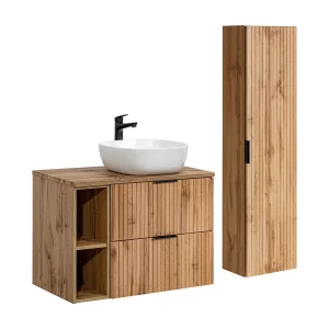 Ensemble meuble simple vasque 80cm 2 niches et colonne Adriel Bois Ensemble meuble simple vasque 80cm 2 niches et colonne Adriel Bois
