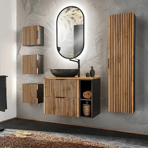 Enkele wastafel 80cm 2 nissen LED spiegelzuil en 3 bovenkasten Gaia Hout en Zwart Zwarte wastafel Enkele wastafel 80cm 2 nissen LED spiegelzuil en 3 bovenkasten Gaia Hout en Zwart Zwarte wastafel