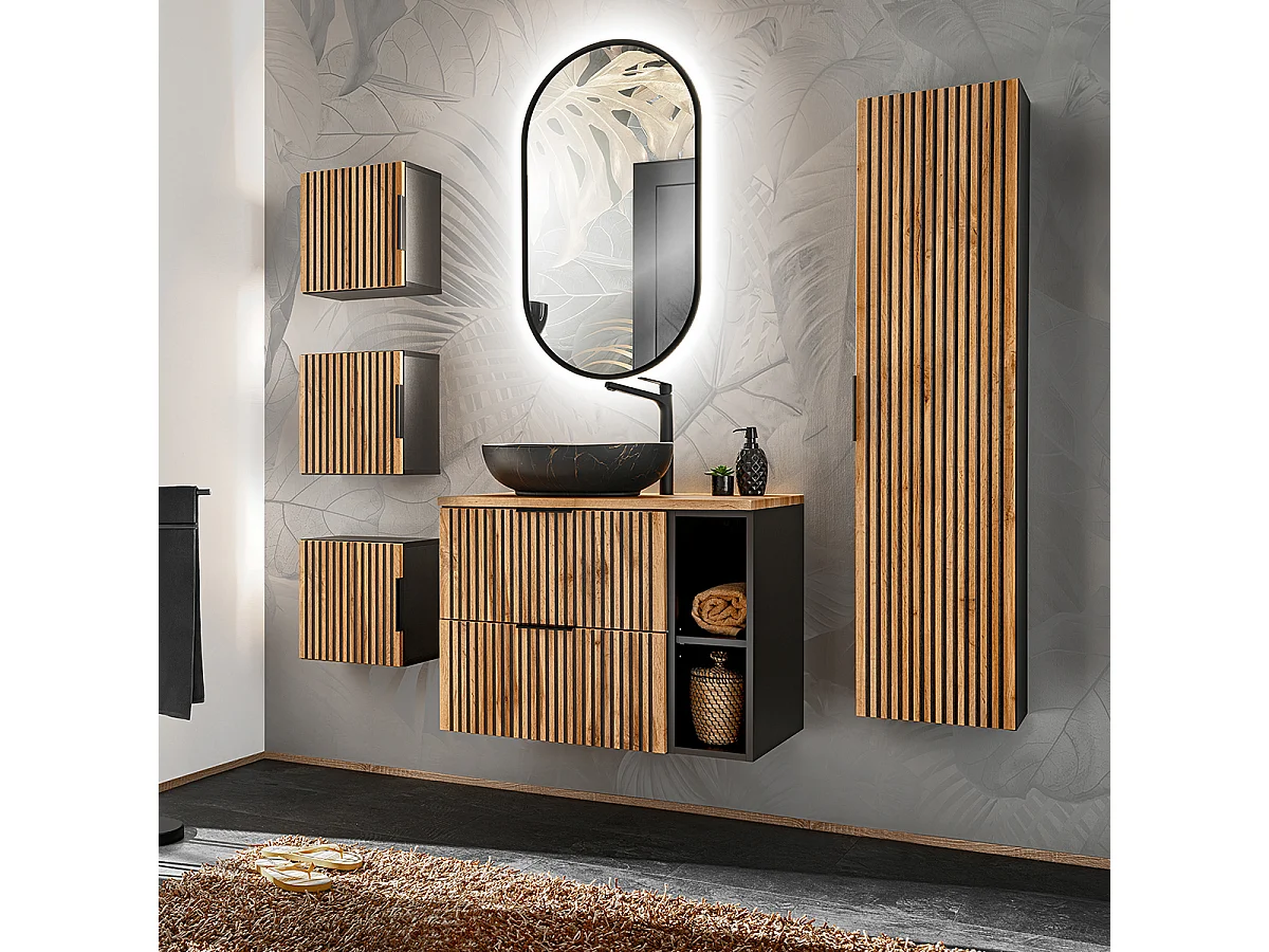 Enkele wastafel 80cm 2 nissen LED spiegelzuil en 3 bovenkasten Gaia Hout en Zwart Zwarte wastafel