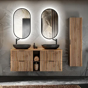 Dubbele wastafel 140cm 2 nissen LED spiegels kolom Gaia Hout en Zwart Zwarte wastafel