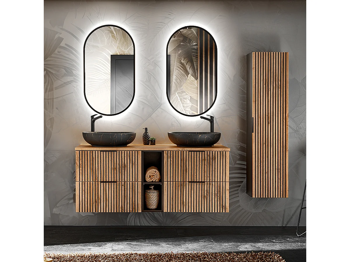 Dubbele wastafel 140cm 2 nissen LED spiegels kolom Gaia Hout en Zwart Zwarte wastafel
