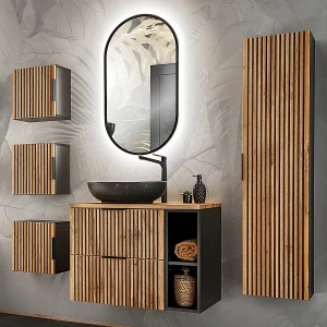 Enkele wastafel 80cm 2 nissen en 3 hangkasten Gaia Wood en Zwart – Zwarte wastafel Enkele wastafel 80cm 2 nissen en 3 hangkasten Gaia Wood en Zwart – Zwarte wastafel