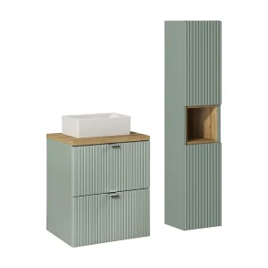 Set 50cm enkele wastafel met 2 laden en kolom Jade Groen en Hout Set 50cm enkele wastafel met 2 laden en kolom Jade Groen en Hout