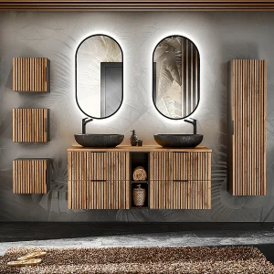 Dubbele wastafel 140cm 2 nissen LED spiegels kolom en 3 hangkasten Gaia Hout en Zwart Zwarte wastafel