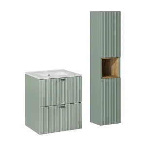 Set 50cm enkele inbouwwastafel met 2 laden en kolom Jade Groen en Hout Set 50cm enkele inbouwwastafel met 2 laden en kolom Jade Groen en Hout