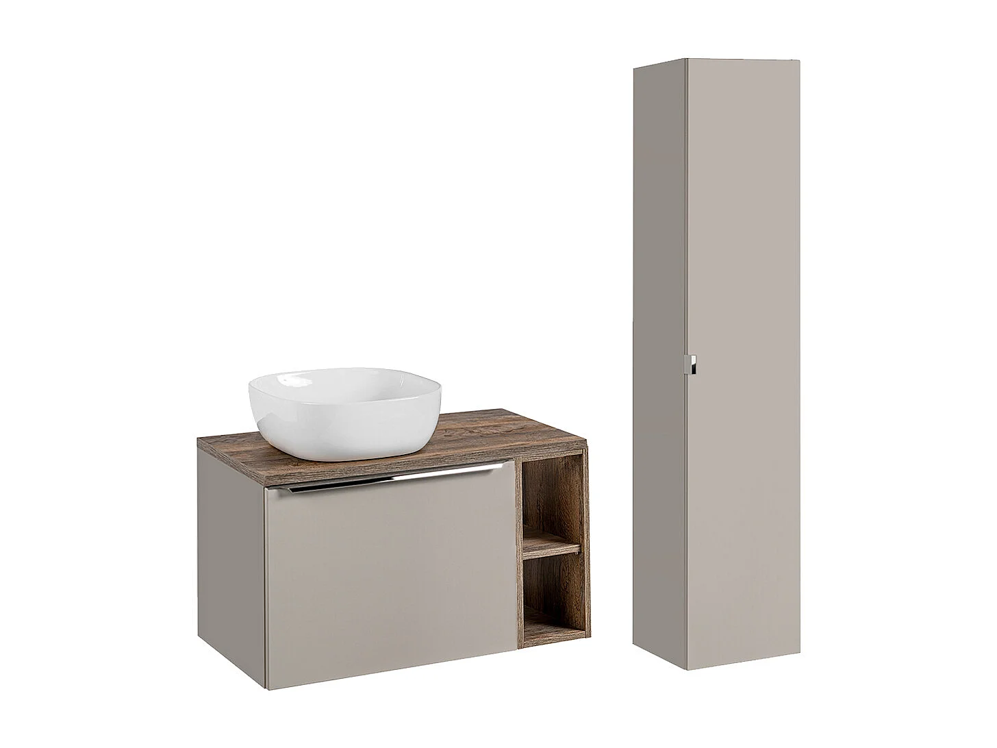 Ensemble enkele wastafel 80cm 2 nissen en kolom Éros Taupe