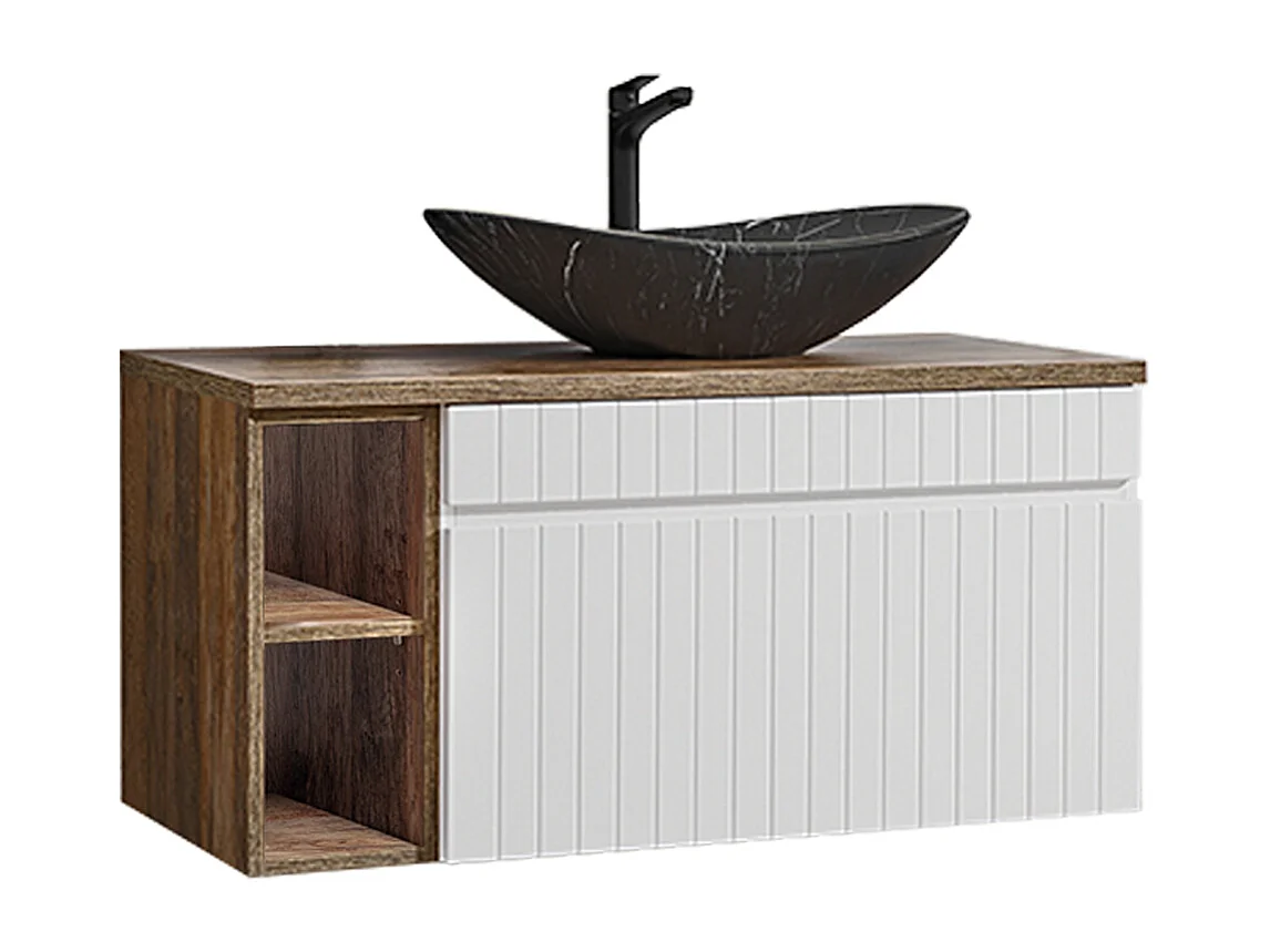 Enkele wastafel 100cm 2 nissen Zelie Wit Hout en Zwart