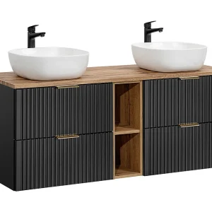 Dubbele wastafel 140cm 2 nissen Adriel Zwart en Hout Dubbele wastafel 140cm 2 nissen Adriel Zwart en Hout
