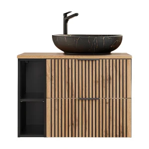 Enkele wastafel 80cm 2 nissen Gaia Wood en Zwart – Zwarte wastafel Enkele wastafel 80cm 2 nissen Gaia Wood en Zwart – Zwarte wastafel