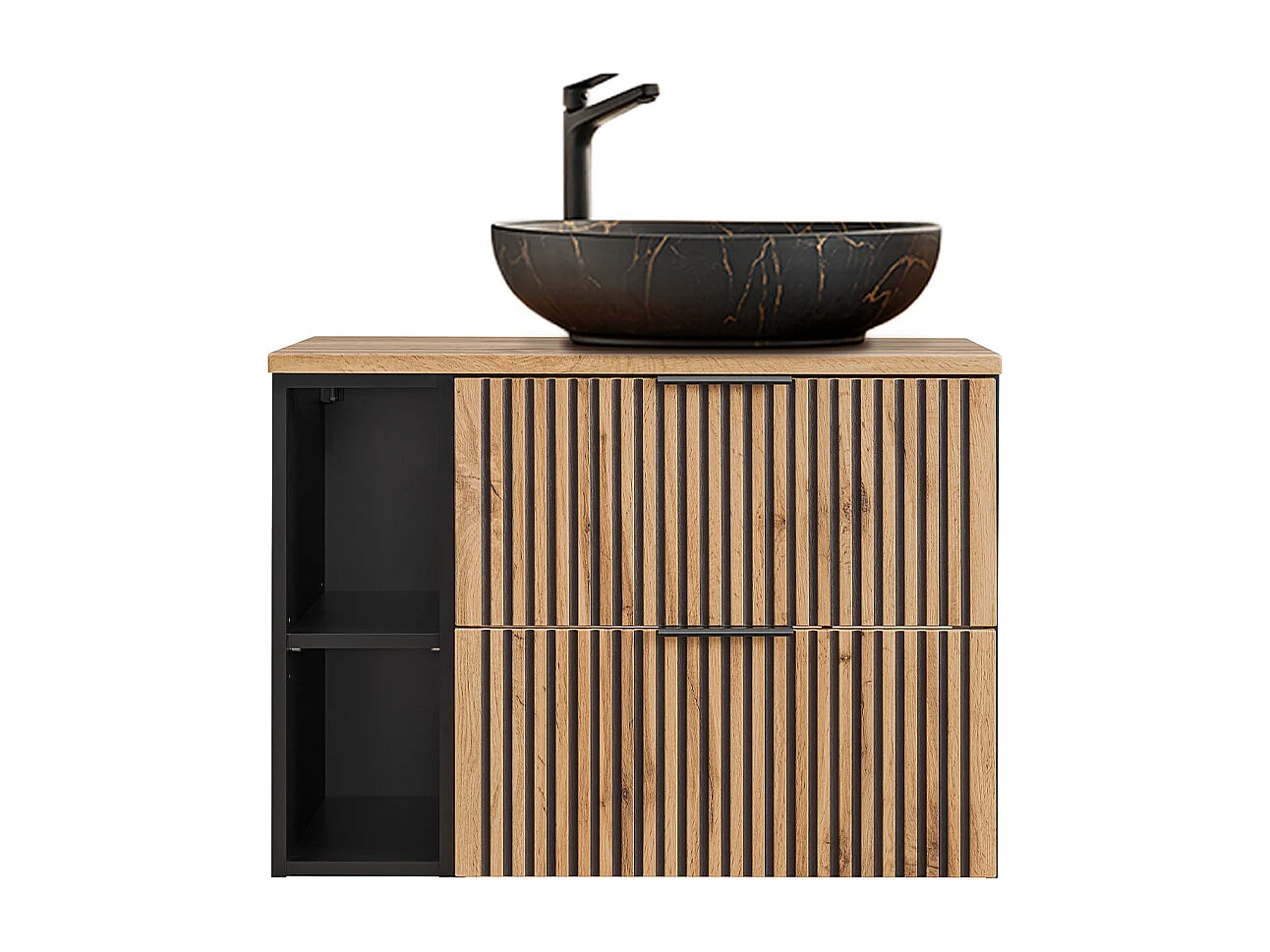 Enkele wastafel 80cm 2 nissen Gaia Wood en Zwart - Zwarte wastafel
