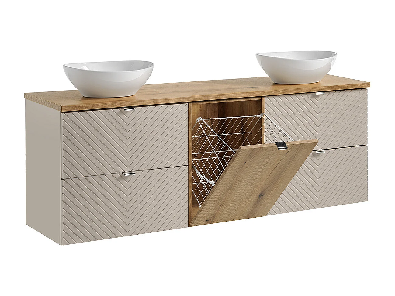 Dubbele wastafel 160cm 4 laden panier à linge Manoa Kasjmier en hout