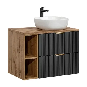 Enkele wastafel 80cm 2 nissen Adriel Zwart en Hout Enkele wastafel 80cm 2 nissen Adriel Zwart en Hout