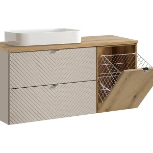 Enkele wastafel 120cm Manoa Cashmere en houten wasmand Enkele wastafel 120cm Manoa Cashmere en houten wasmand