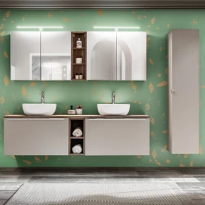 Dubbele wastafel 180cm 2 nissen kolom en wandkast Eros Taupe Dubbele wastafel 180cm 2 nissen kolom en wandkast Eros Taupe