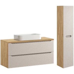 Elora beige en hout enkel wastafelmeubel 120cm 2 lades en sokkel Elora beige en hout enkel wastafelmeubel 120cm 2 lades en sokkel
