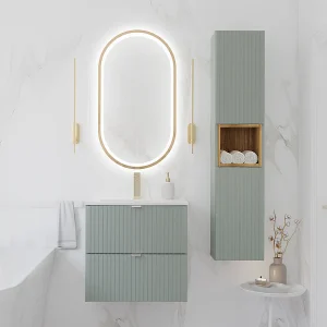 Set 60cm enkele inbouwwastafel met 2 laden en kolom Jade Groen en Hout Set 60cm enkele inbouwwastafel met 2 laden en kolom Jade Groen en Hout
