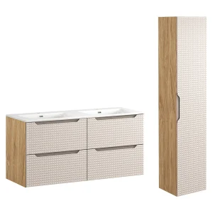 Dubbele wastafel 120cm en sokkel Mallory Beige en hout