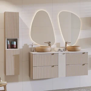 Dubbele wastafel 140cm 4 lades en sokkel Riva Cashmere en Wit Dubbele wastafel 140cm 4 lades en sokkel Riva Cashmere en Wit