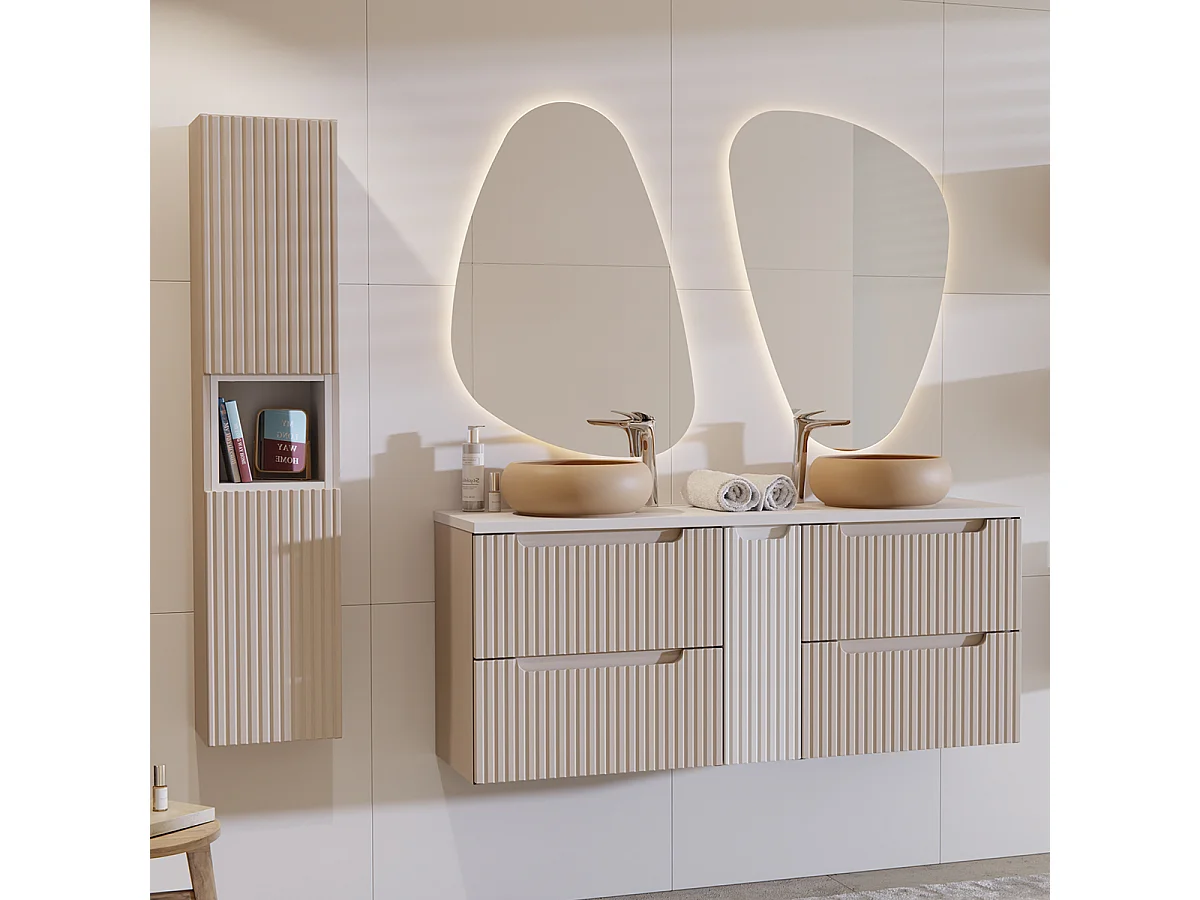 Dubbele wastafel 140cm 4 lades en sokkel Riva Cashmere en Wit