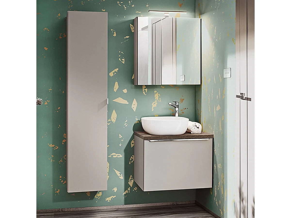 Ensemble enkele wastafel 60cm kolom en spiegelkast Éros Taupe