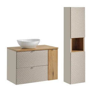Ensemble meuble simple vasque 80cm 2 tiroirs 1 porte et colonne Manoa Kasjmier en hout Ensemble meuble simple vasque 80cm 2 tiroirs 1 porte et colonne Manoa Kasjmier en hout