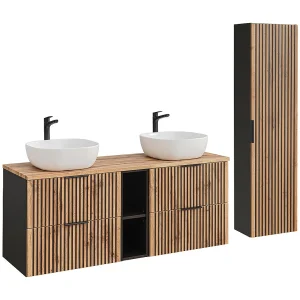 Dubbele wastafel 140cm 2 nissen en kolom Gaia Wood en Zwart Dubbele wastafel 140cm 2 nissen en kolom Gaia Wood en Zwart