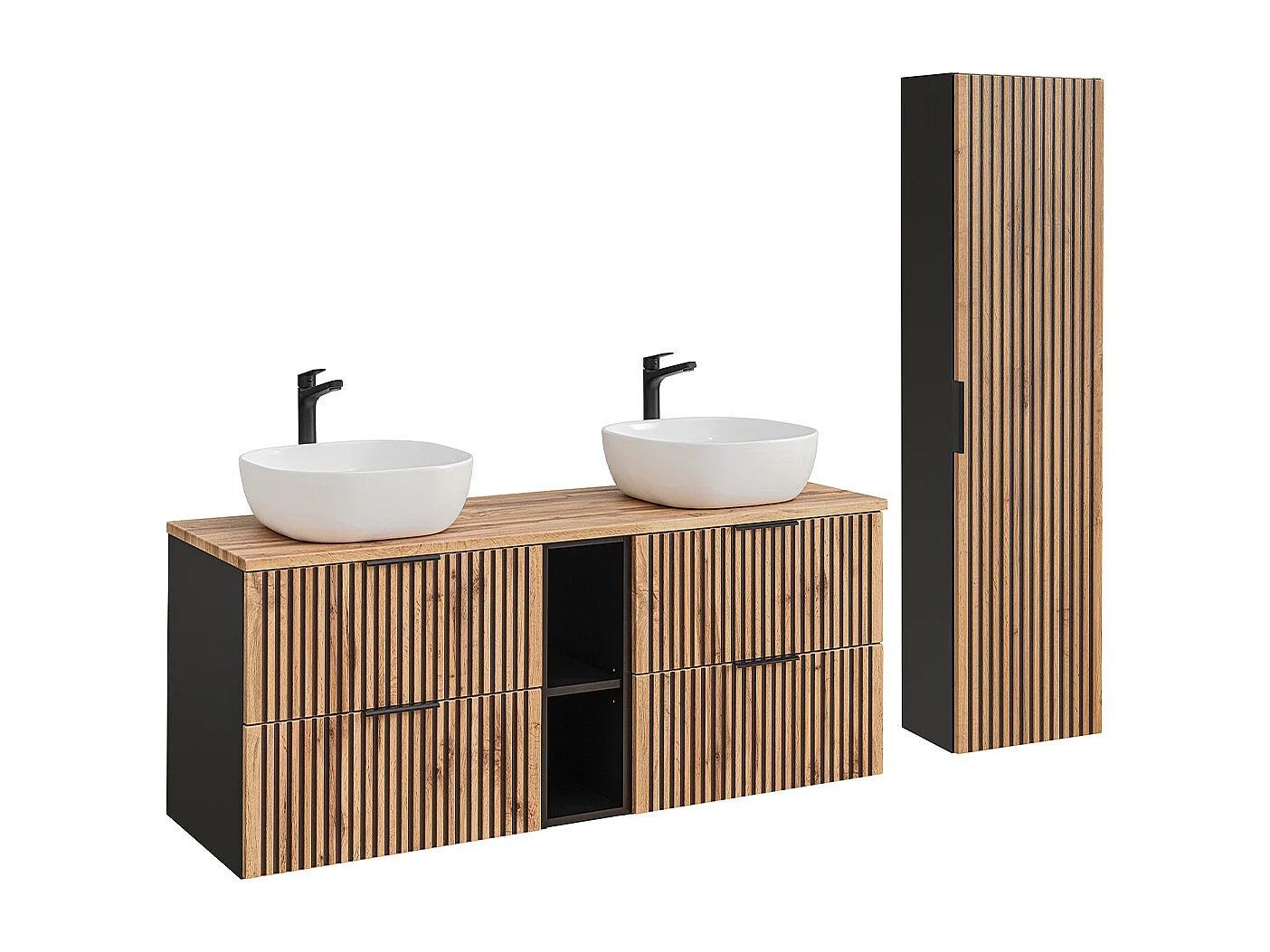 Dubbele wastafel 140cm 2 nissen en kolom Gaia Wood en Zwart