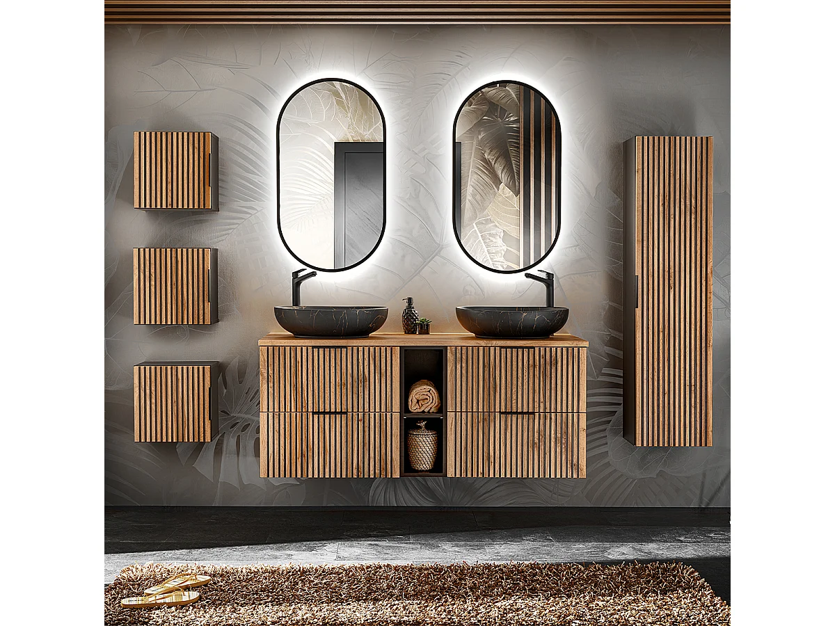 Dubbele wastafel 140cm 2 nissen en 3 hangkasten Gaia Wood en Zwart - Zwarte wastafel