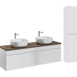 Dubbele wastafel 160 cm en zuil Zelie wit en hout Dubbele wastafel 160 cm en zuil Zelie wit en hout