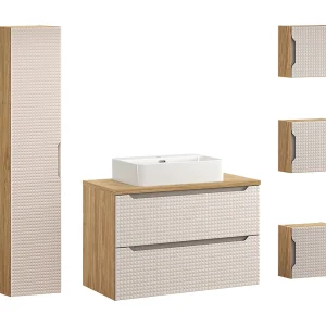 Enkele wastafel van 90 cm met 3 Mallory bovenkasten in beige en hout Enkele wastafel van 90 cm met 3 Mallory bovenkasten in beige en hout