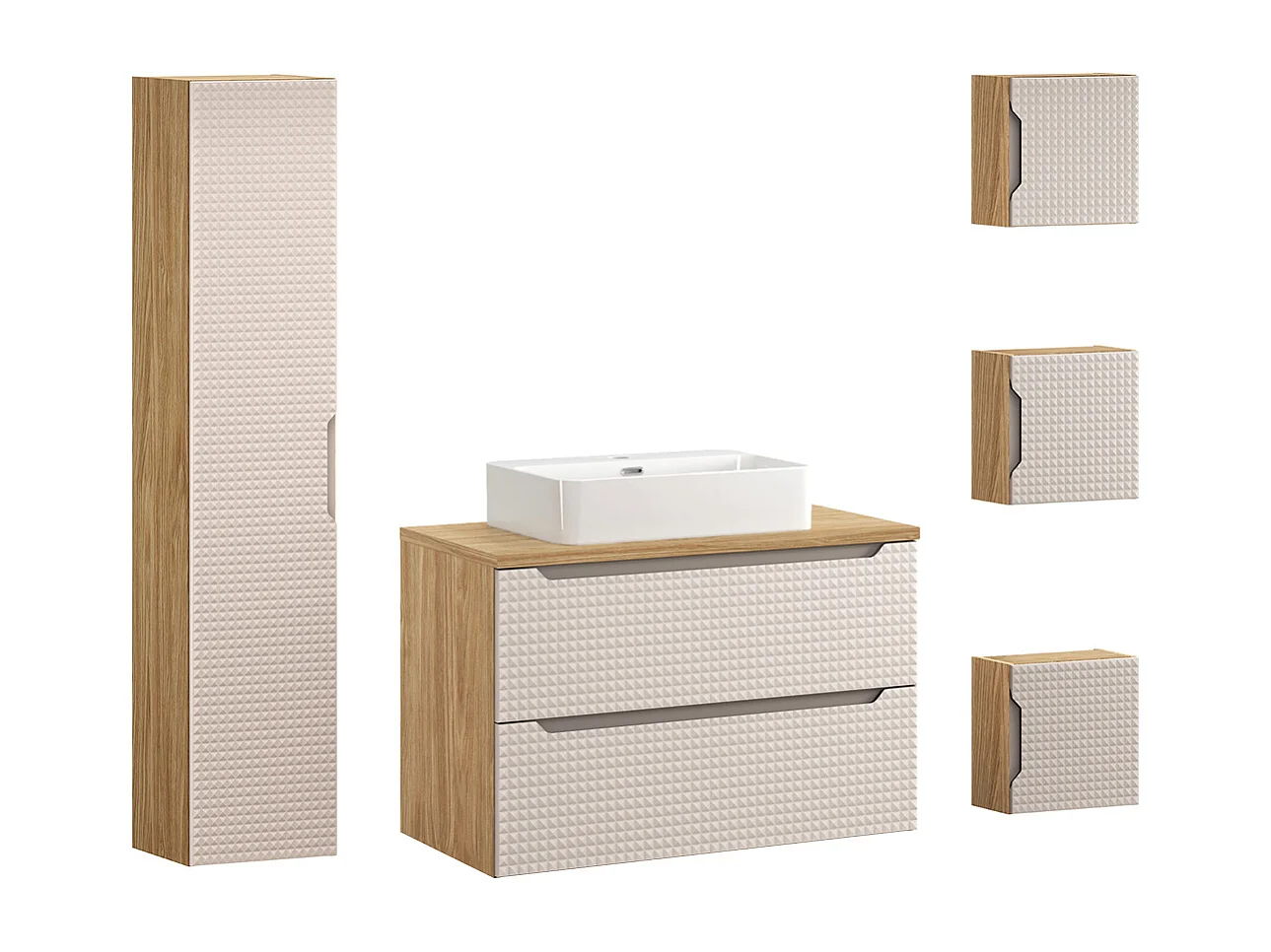 Enkele wastafel van 90 cm met 3 Mallory bovenkasten in beige en hout