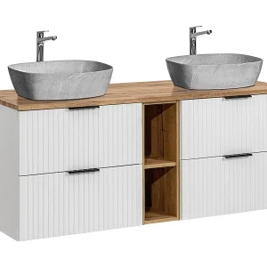 Dubbele wastafel 140cm 2 nissen Adriel Wit met steeneffect Dubbele wastafel 140cm 2 nissen Adriel Wit met steeneffect
