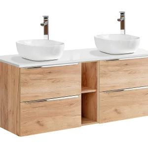 Dubbele wastafel 140cm 2 nissen April Hout en Wit Dubbele wastafel 140cm 2 nissen April Hout en Wit