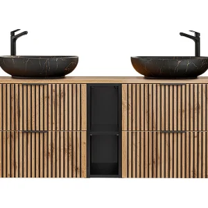 Dubbele wastafel 140cm 2 nissen Gaia Wood en Zwart – Zwarte wastafel