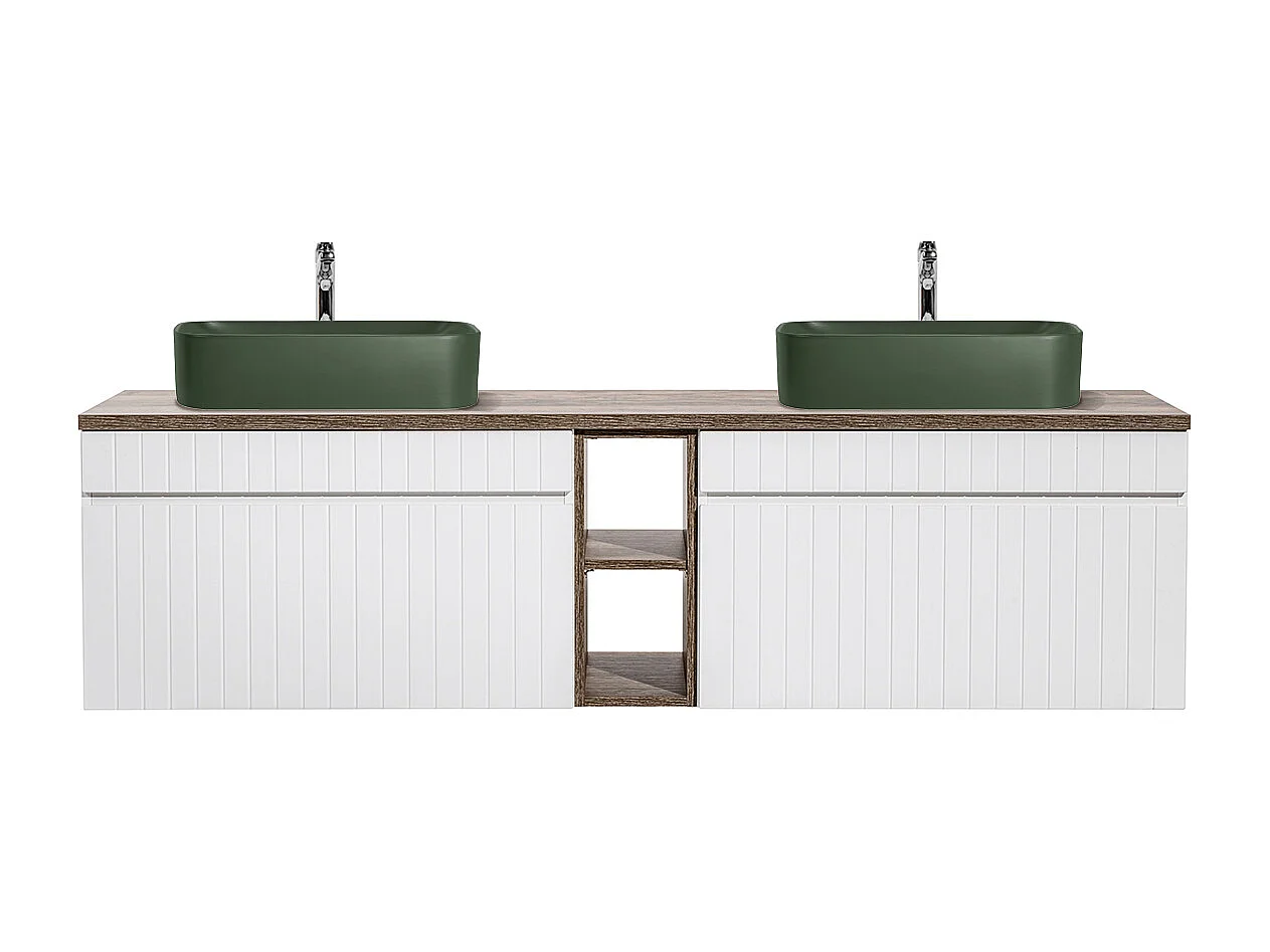 Dubbele wastafel 180cm 2 nissen Zelie Wit Hout en Groen