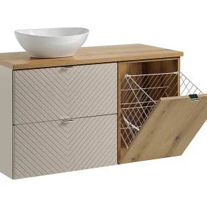 Enkele wastafel 100cm Manoa Cashmere en houten wasmand Enkele wastafel 100cm Manoa Cashmere en houten wasmand