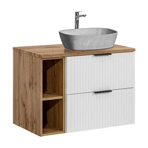 Enkele wastafel met steeneffect 80cm 2 nissen Adriel Wit Enkele wastafel met steeneffect 80cm 2 nissen Adriel Wit